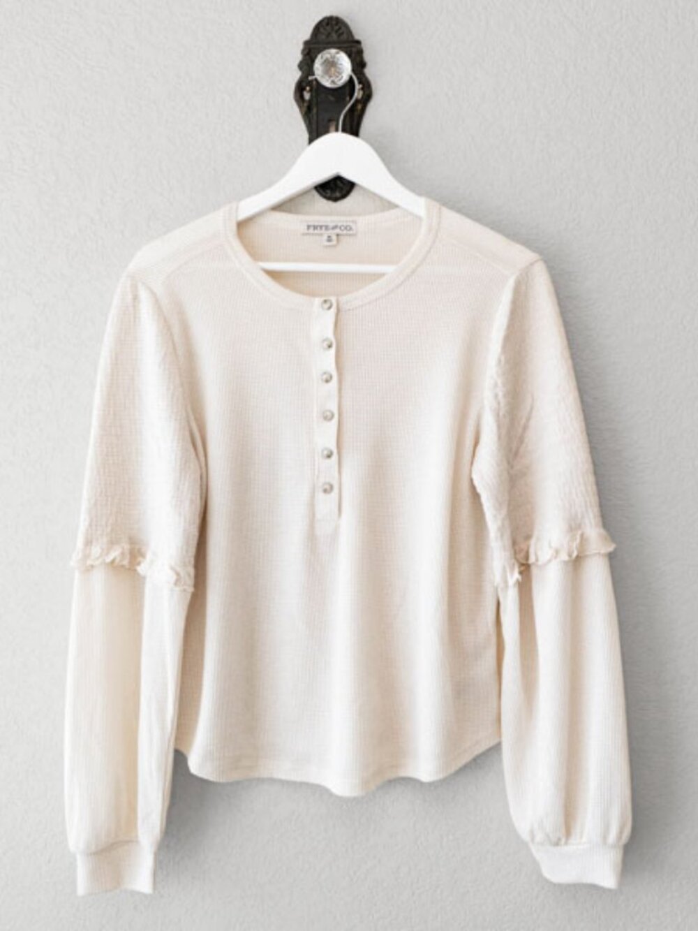 Frye Ivory Metallic Shimmer Waffle Knit Top Ruffle Sleeve Boho Medium